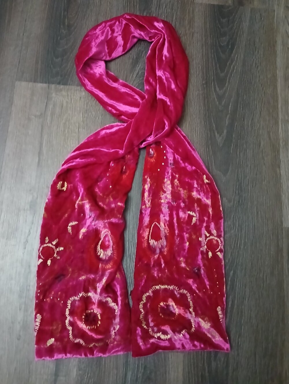 Pink Crushed Velvet Embroidered Silk Blend Floral Scarf